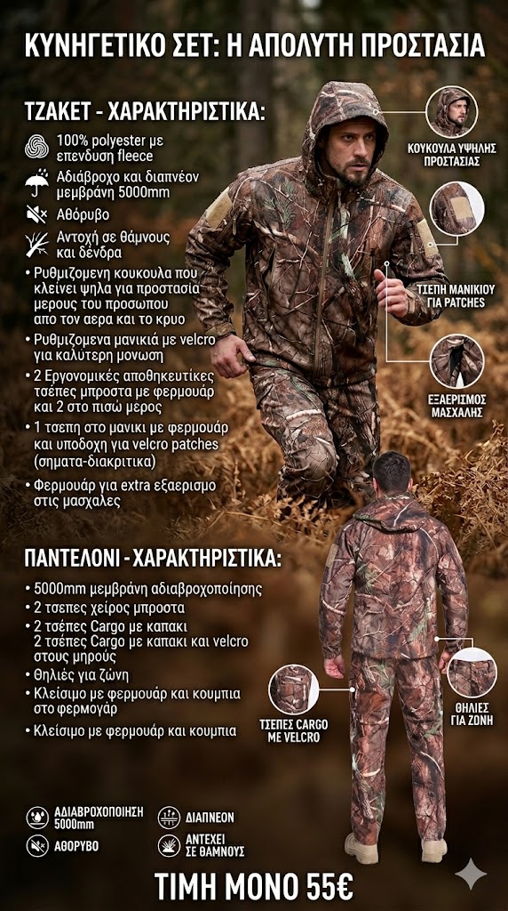 HUNTING LIGHTGEAR BROWN Softshell Αδιάβροχο Σετ Παραλλαγής Δάσους με Fleece Επένδυση