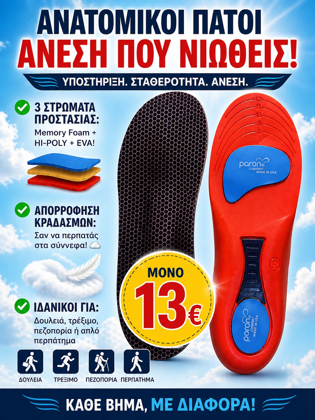 Ορθοπαιδικοι πατοι Shock Αbsorption Ιnsole