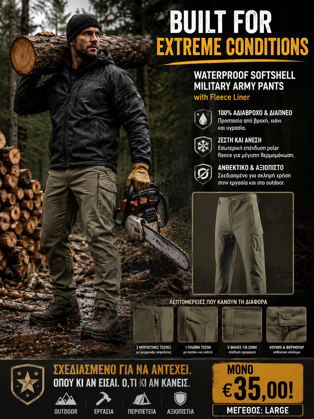 WATERPROOF SOFTSHELL MILITARY ARMY PANTS WITH FLEECE LINER (KHAKI)